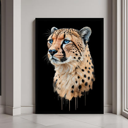 A framed portrait of a cheetah with striking blue eyes, painted in a powerful, modern watercolor style.