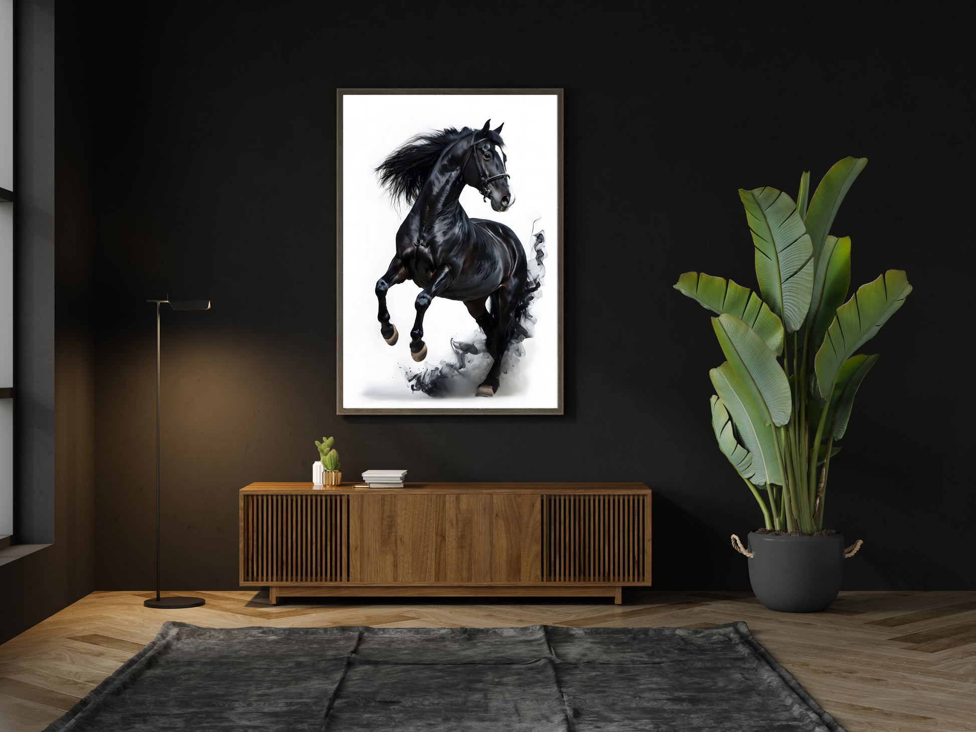 A powerful black stallion in a majestic pose, a wall decor print.

