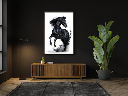 A powerful black stallion in a majestic pose, a wall decor print.

