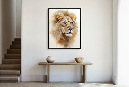 A detailed portrait of the lion's head, highlighting its fierce yet elegant expression.

