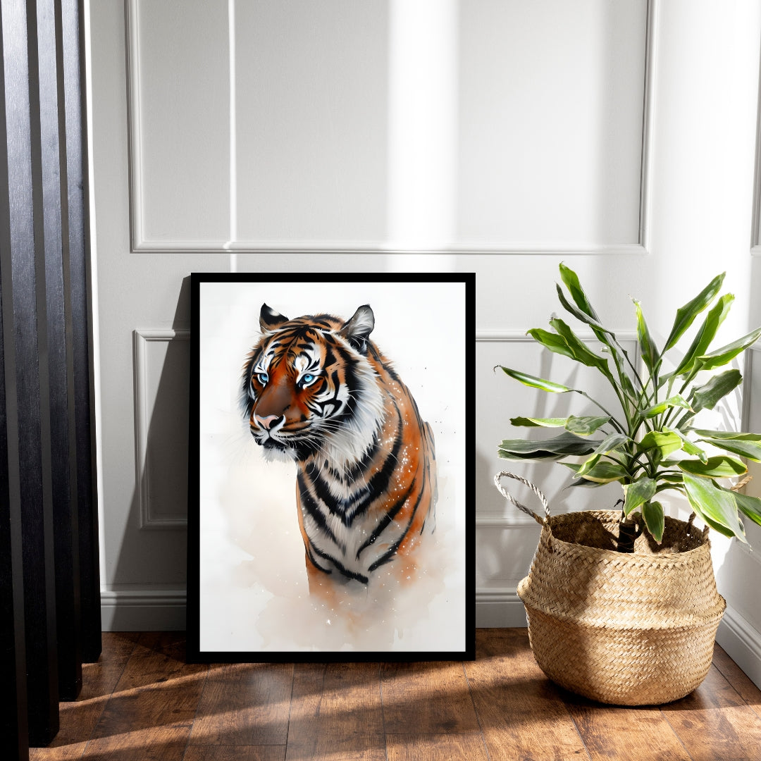 An angled shot of the framed tiger art, highlighting its artistic style and making it a great gift for wildlife enthusiasts.