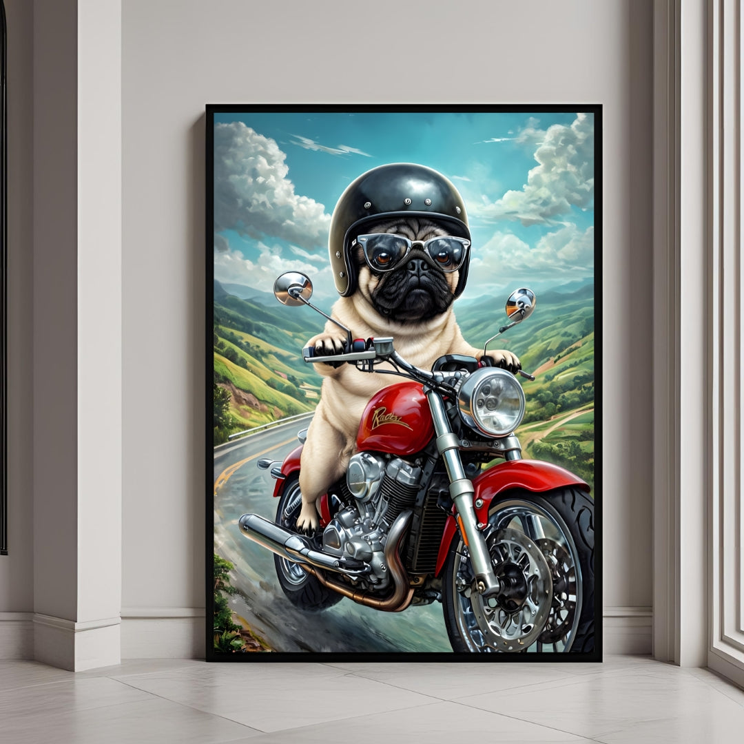 Funny pug riding a motorcycle wall art in a premium framed print