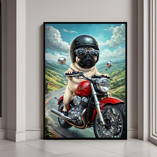 Funny pug riding a motorcycle wall art in a premium framed print