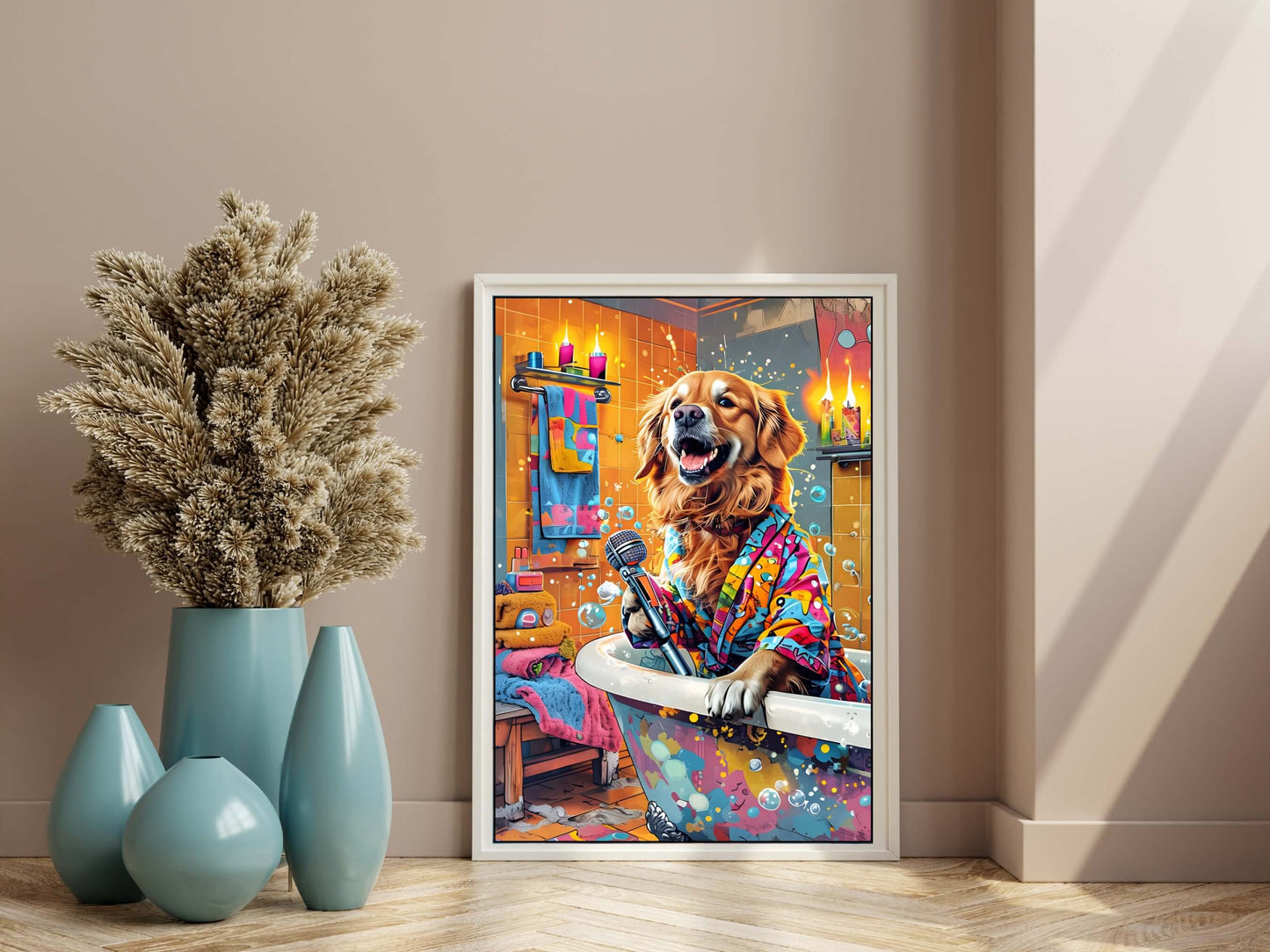The perfect unique toilet art piece showing a dog enjoying a colorful bubble bath and singing.