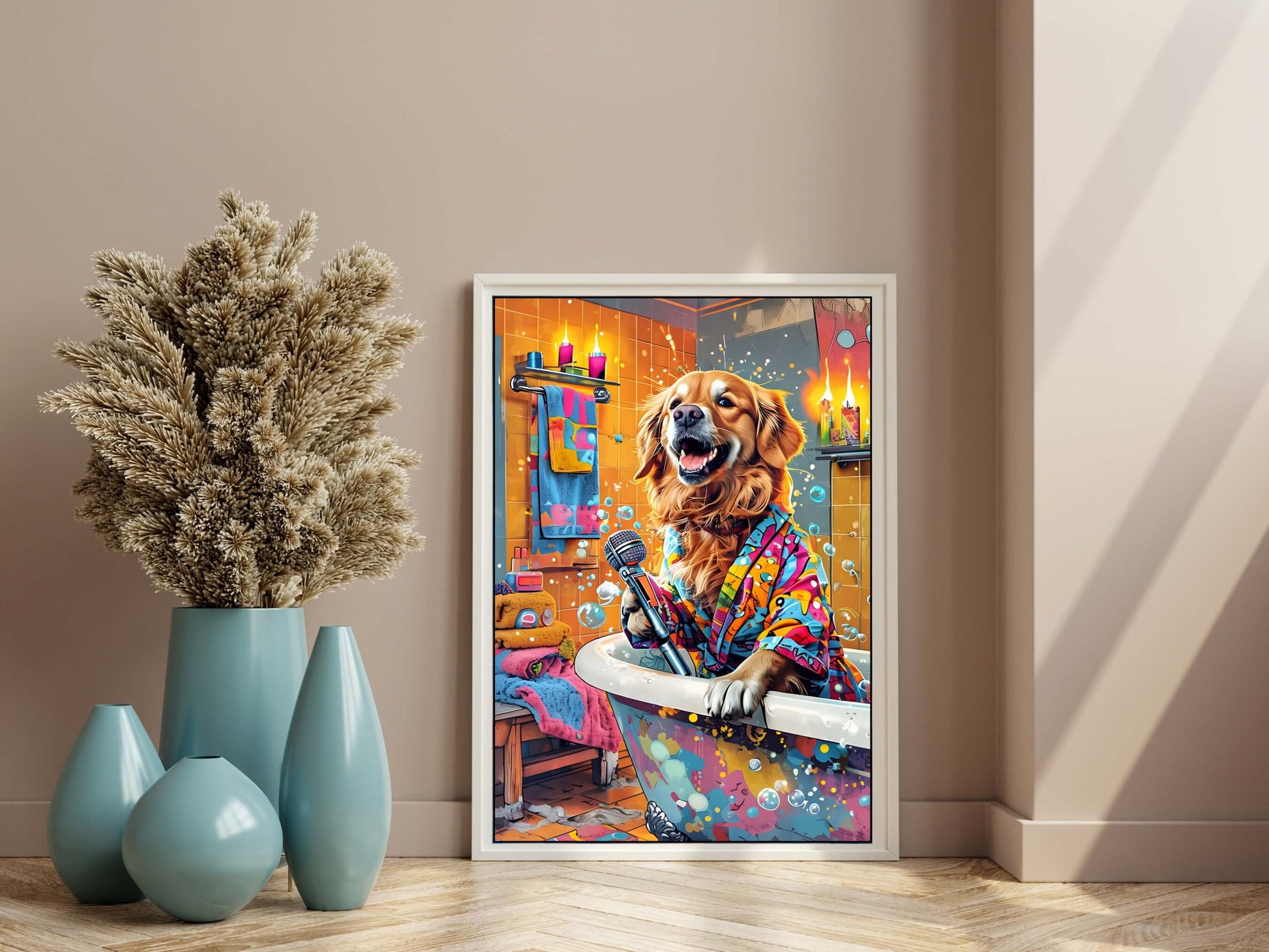 The perfect unique toilet art piece showing a dog enjoying a colorful bubble bath and singing.