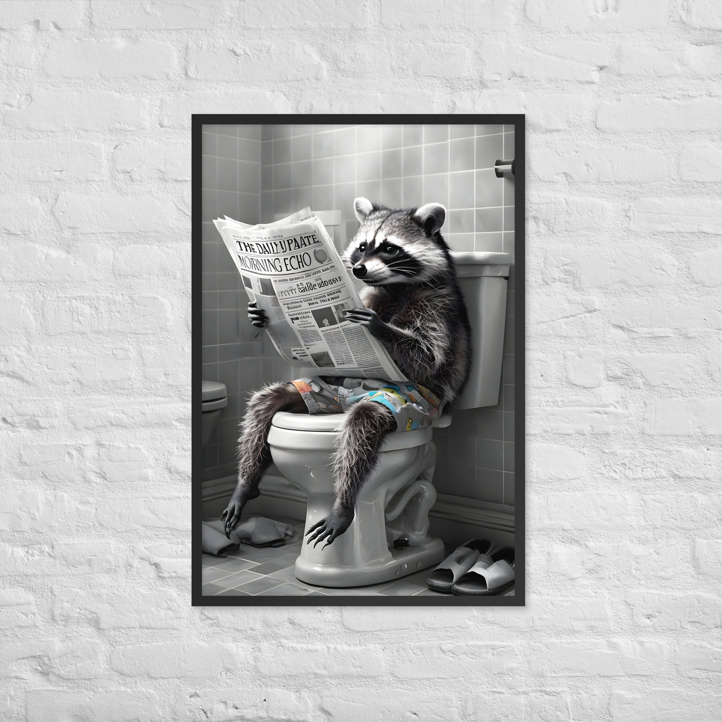 A vibrant and unique framed art print of a raccoon on a toilet, ideal for adding humor to a powder room.