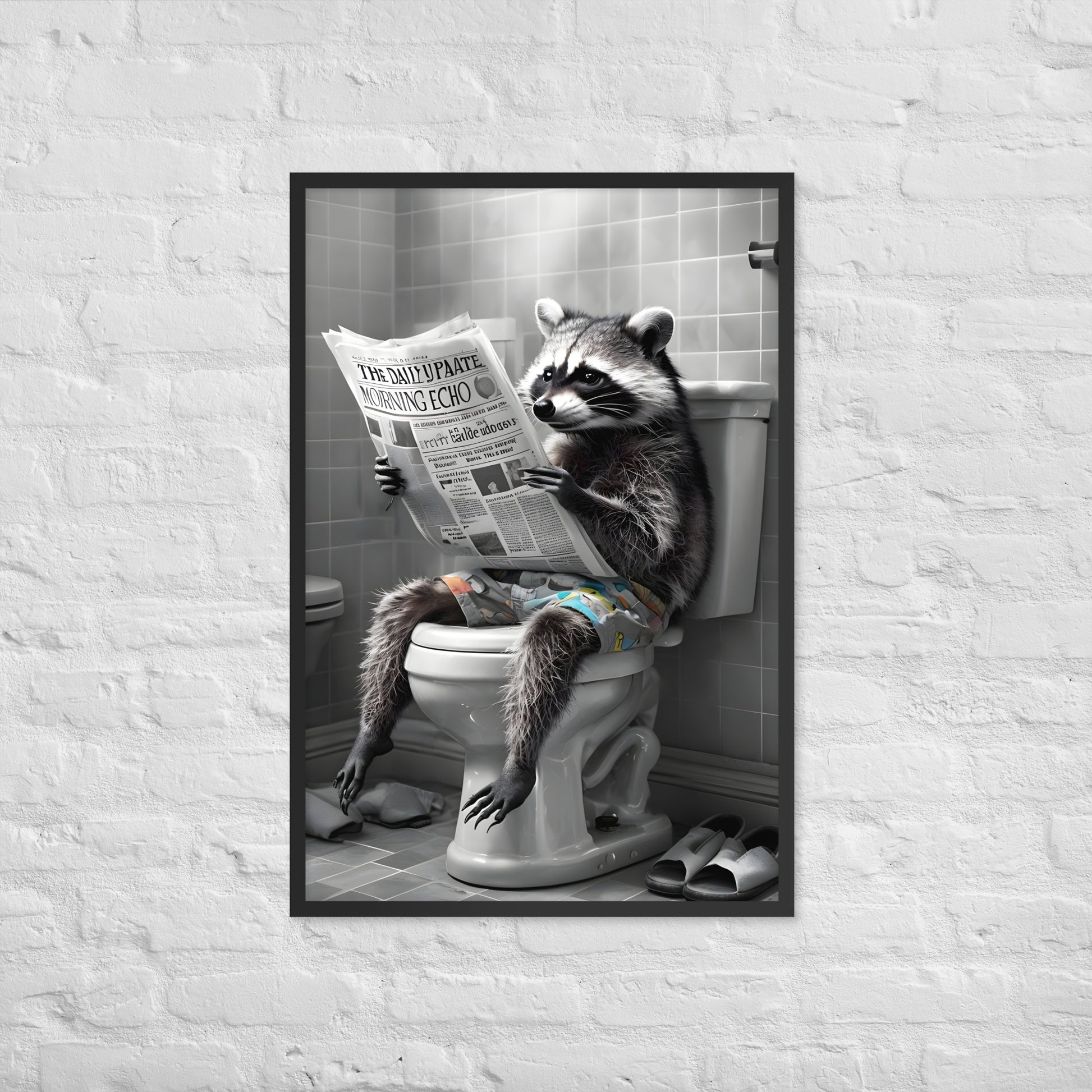 A vibrant and unique framed art print of a raccoon on a toilet, ideal for adding humor to a powder room.
