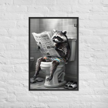 A vibrant and unique framed art print of a raccoon on a toilet, ideal for adding humor to a powder room.