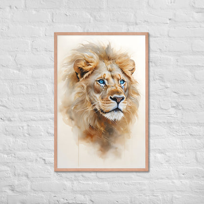 A wide shot of the framed art, showcasing the full elegance and powerful colors of the lion.