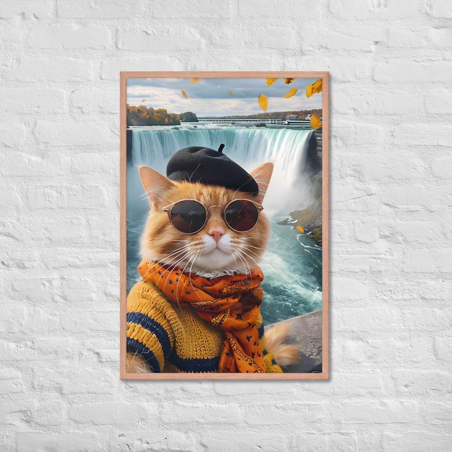 An angled shot of the framed Canadian cat print, highlighting its unique style and making it a great gift for travel lovers.