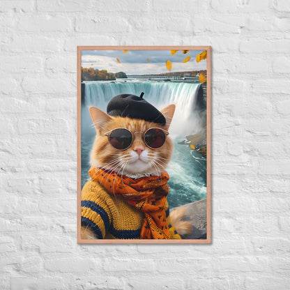 An angled shot of the framed Canadian cat print, highlighting its unique style and making it a great gift for travel lovers.