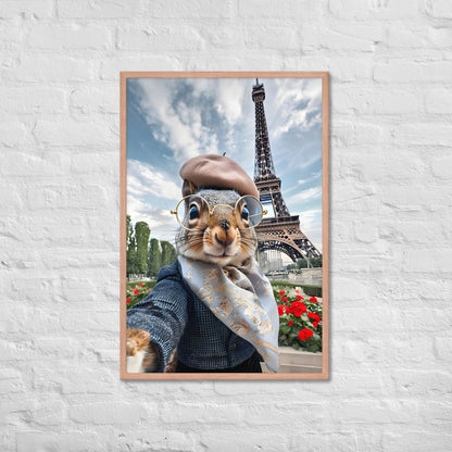 An angled shot of the framed French squirrel print, highlighting its unique style and making it a great gift for travel lovers.