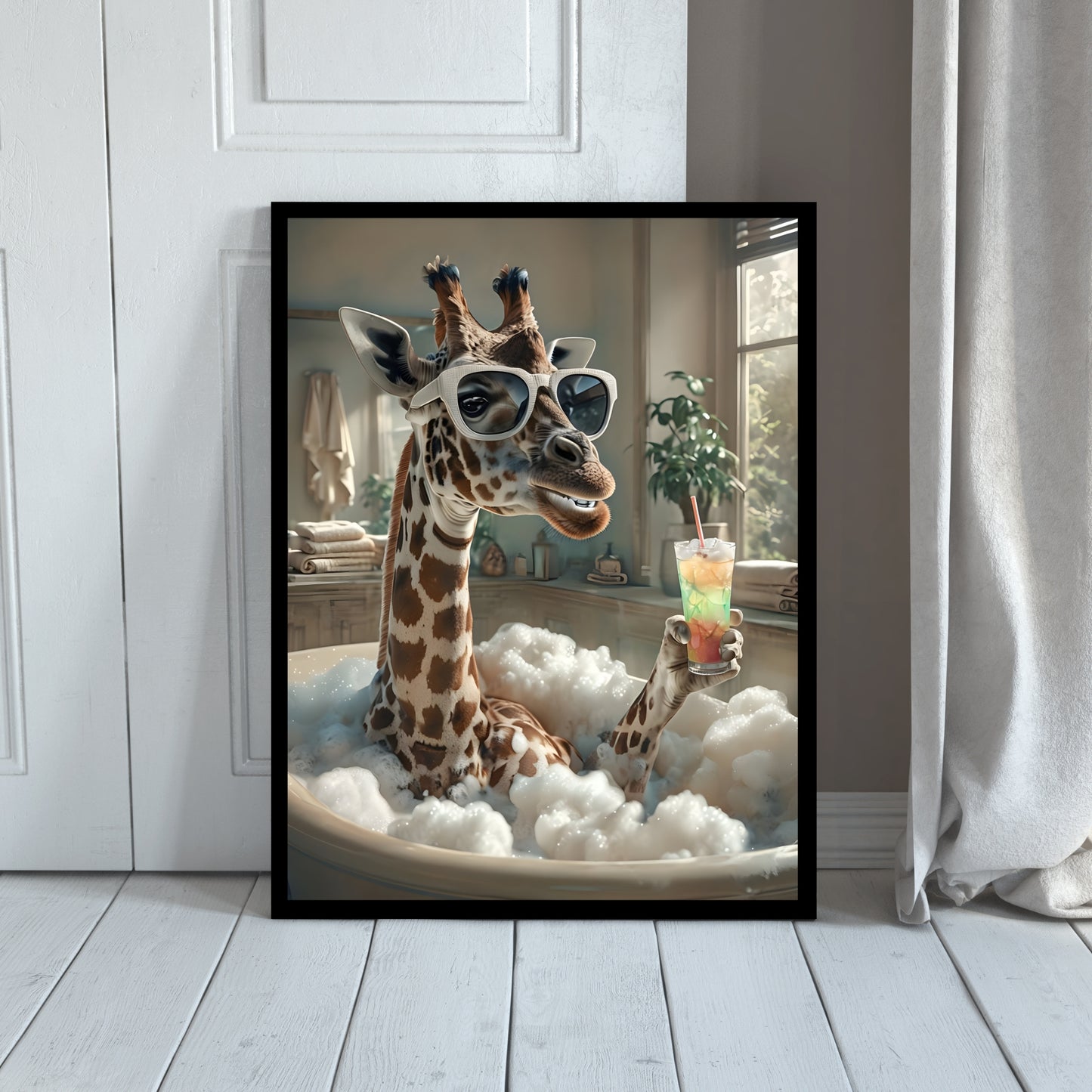 A quirky and funny animal portrait, perfect for adding unexpected humor to the powder room.