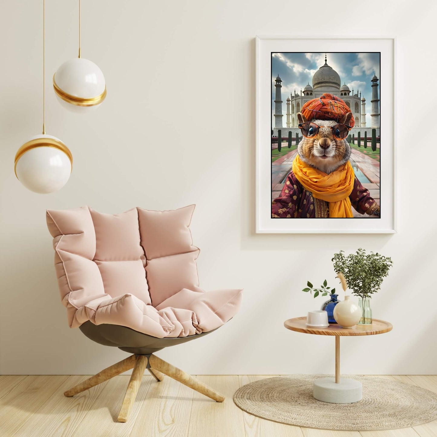 An angled shot of the framed Indian squirrel print, highlighting its humorous style and making it a great gift for travel lovers.


