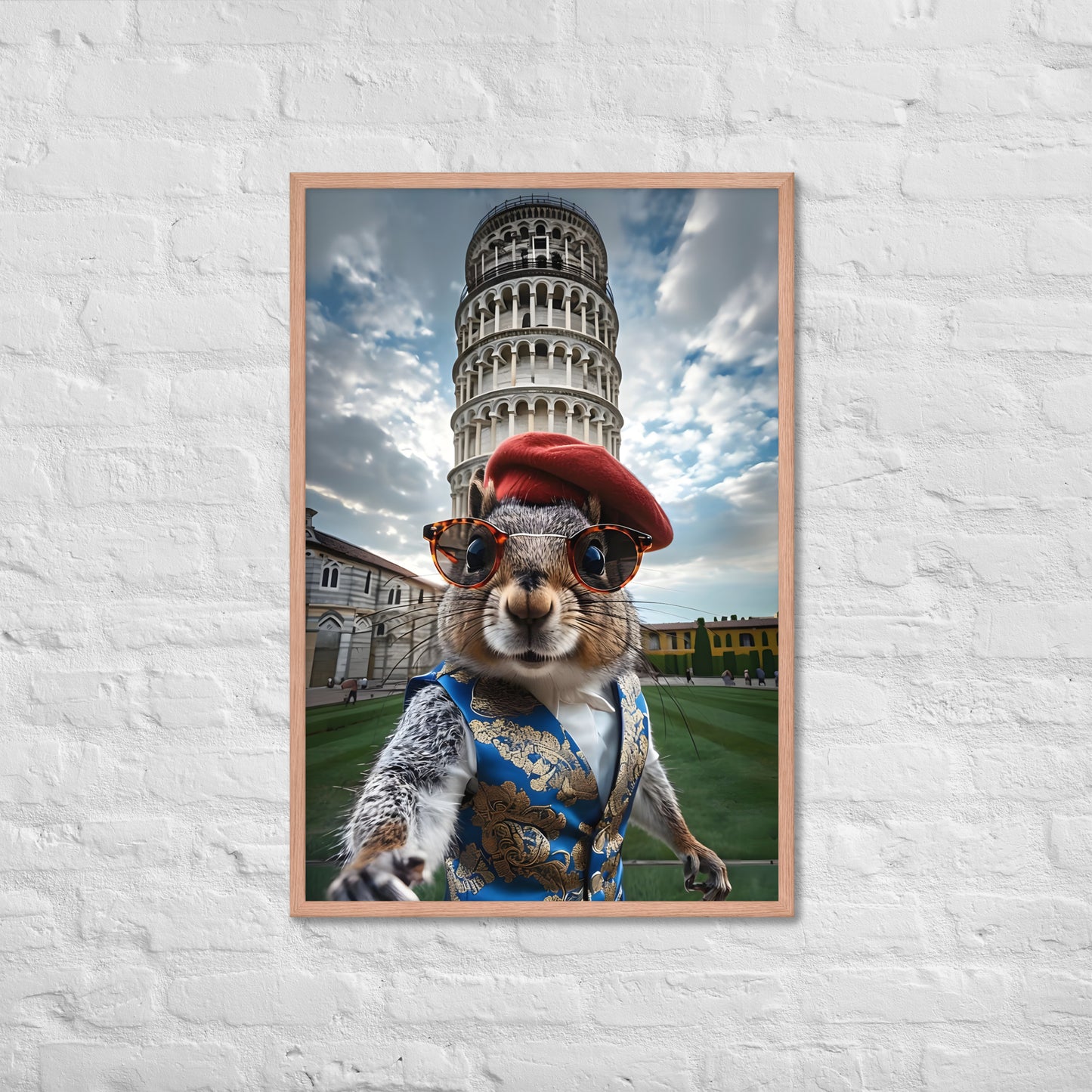 An angled shot of the framed Italian squirrel print, highlighting its unique style and making it a great gift for travel lovers.
