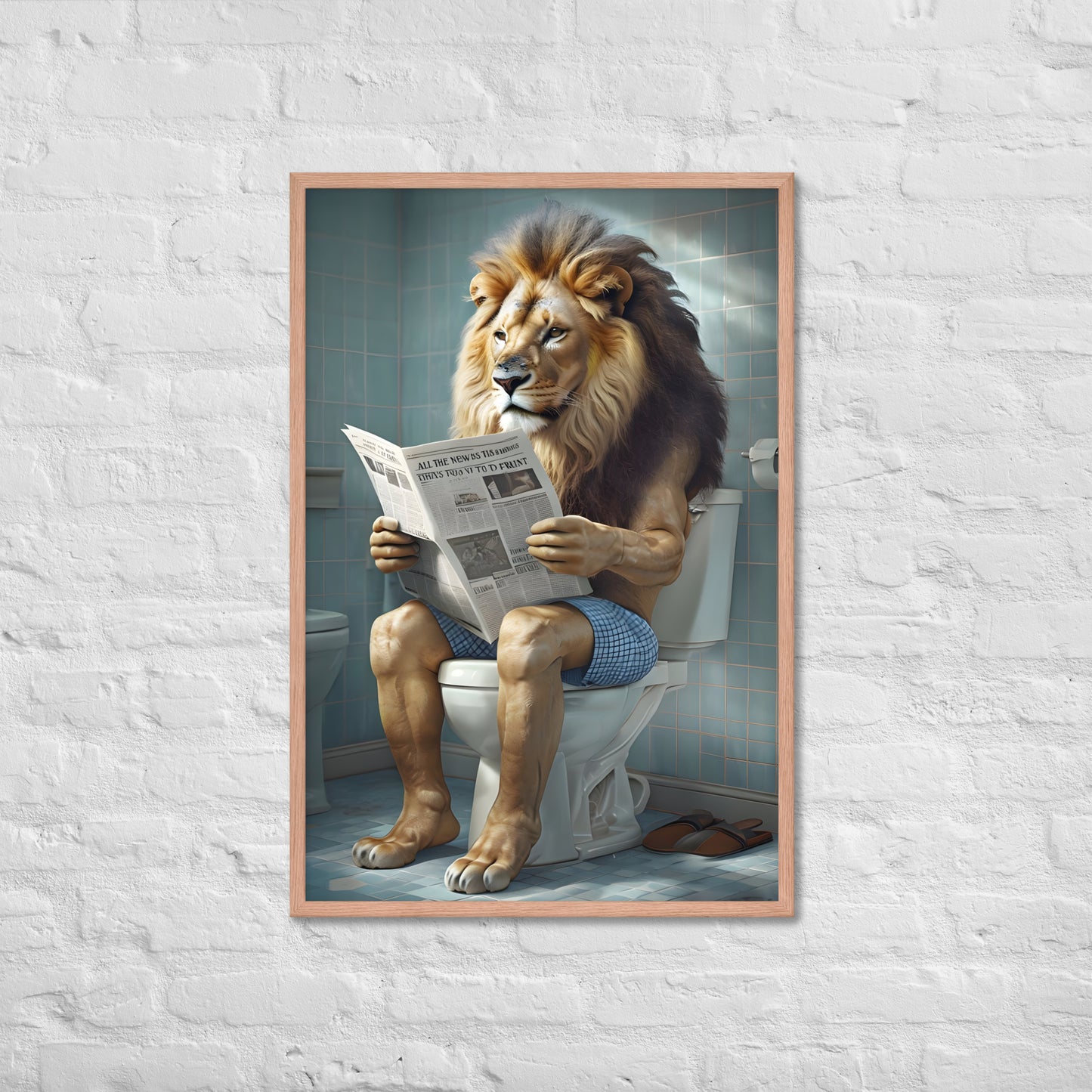 A humorous, quirky art print featuring a lion on a toilet with a frame.

