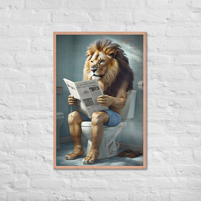 A humorous, quirky art print featuring a lion on a toilet with a frame.

