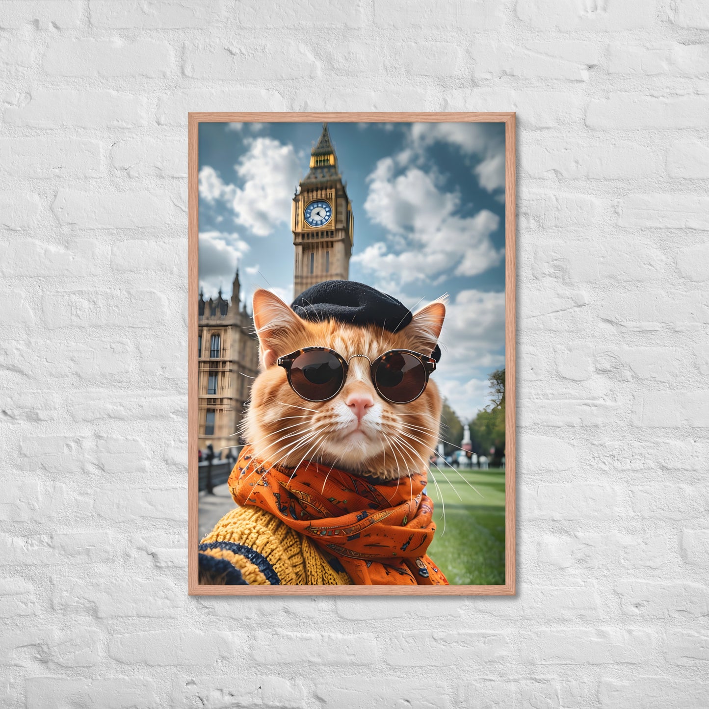 An angled shot of the framed British cat print, highlighting its unique style and making it a great gift for travel lovers.