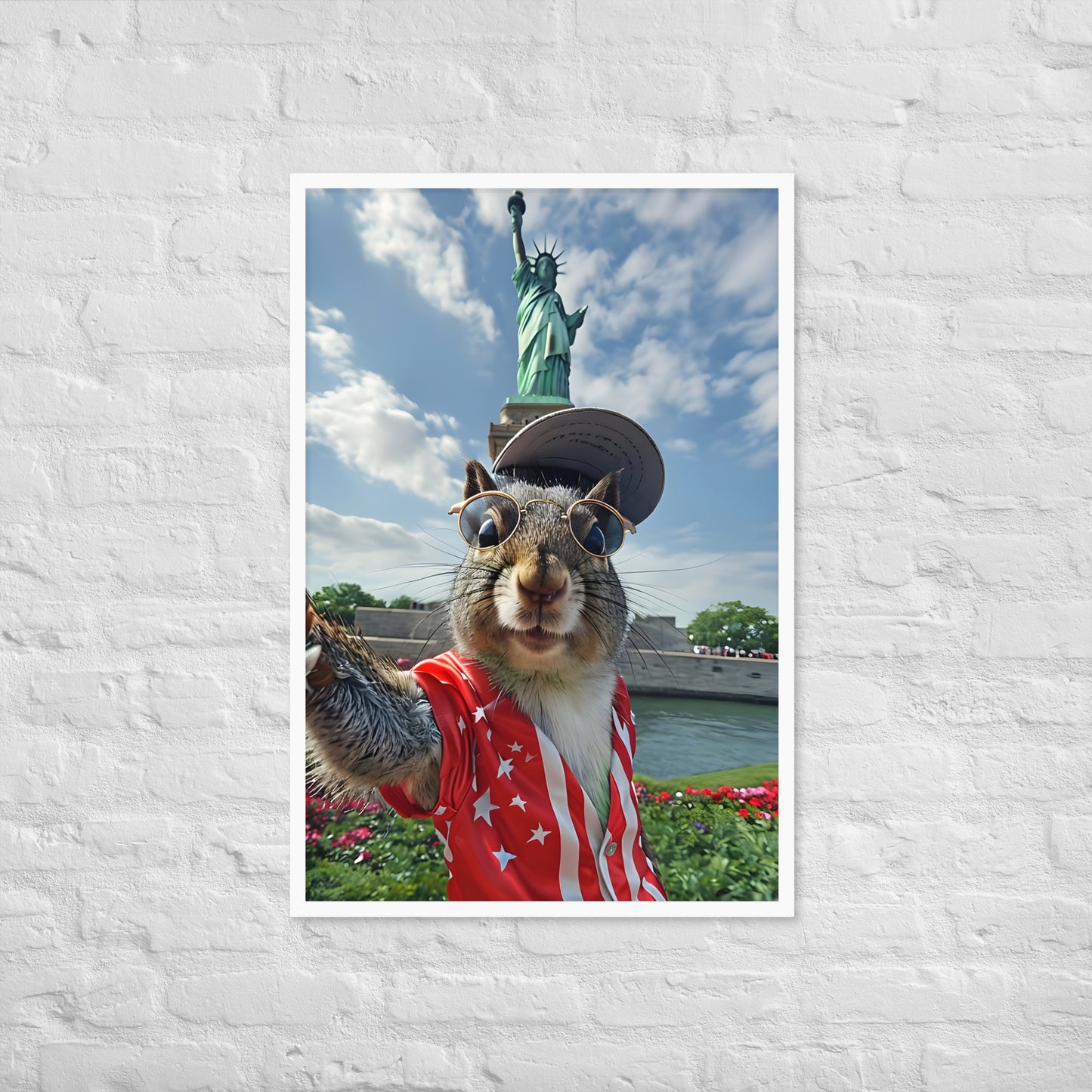 An angled view of the framed patriotic squirrel print, showing its unique style and making it a great quirky gift.