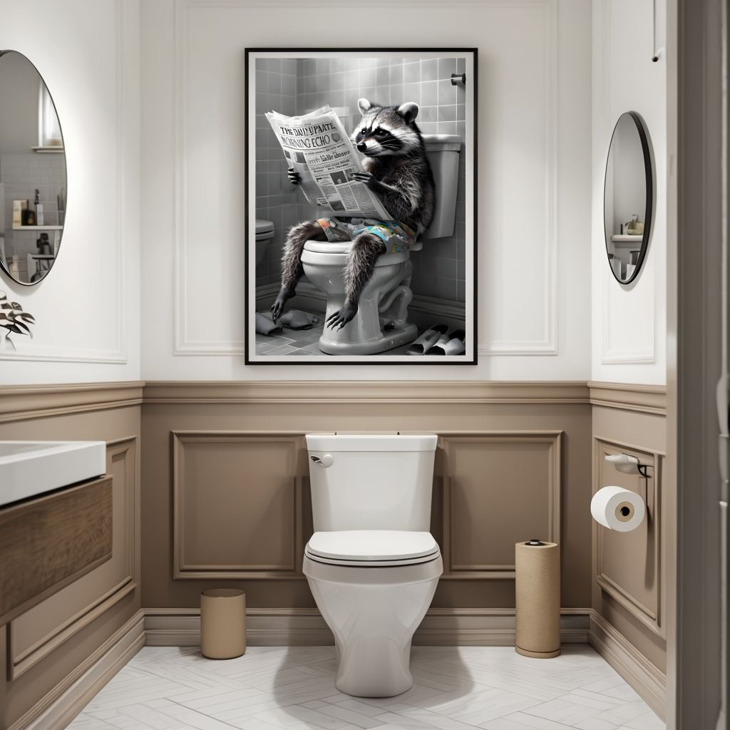 A high-quality print of a raccoon casually sitting on a toilet, perfect for quirky bathroom decor.