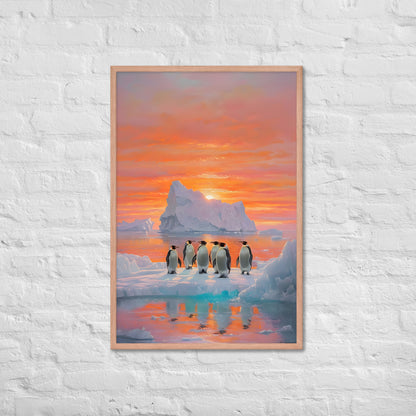 The framed penguin art print with a view of the frame and included hanging hardware, emphasizing that it's a ready-to-hang product.