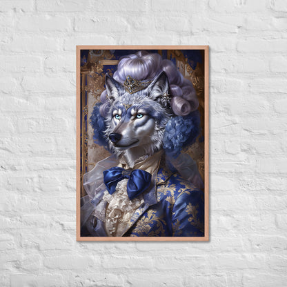 The framed wolf art print with a view of the frame and included hanging hardware, emphasizing that it's a ready-to-hang product.