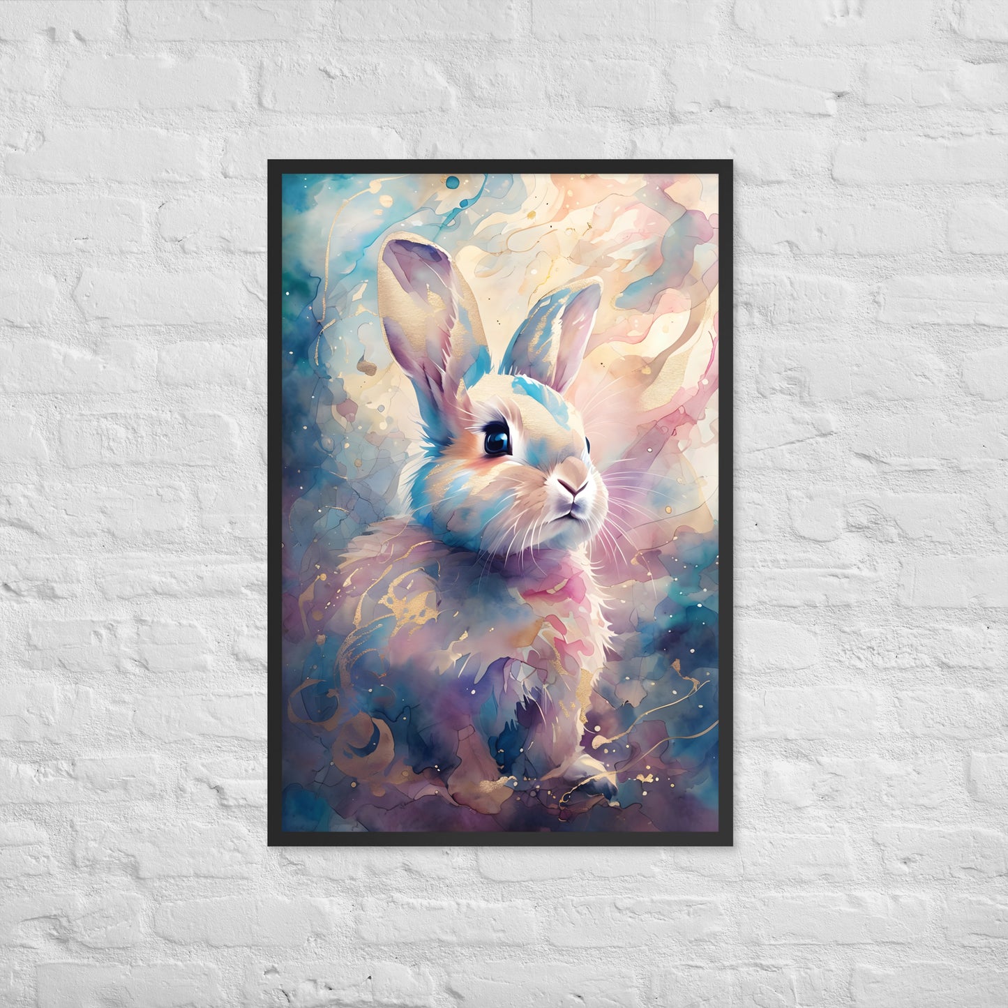 The framed bunny art print with a view of the frame and included hanging hardware, emphasizing that it's a ready-to-hang product.