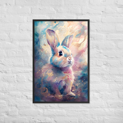The framed bunny art print with a view of the frame and included hanging hardware, emphasizing that it's a ready-to-hang product.