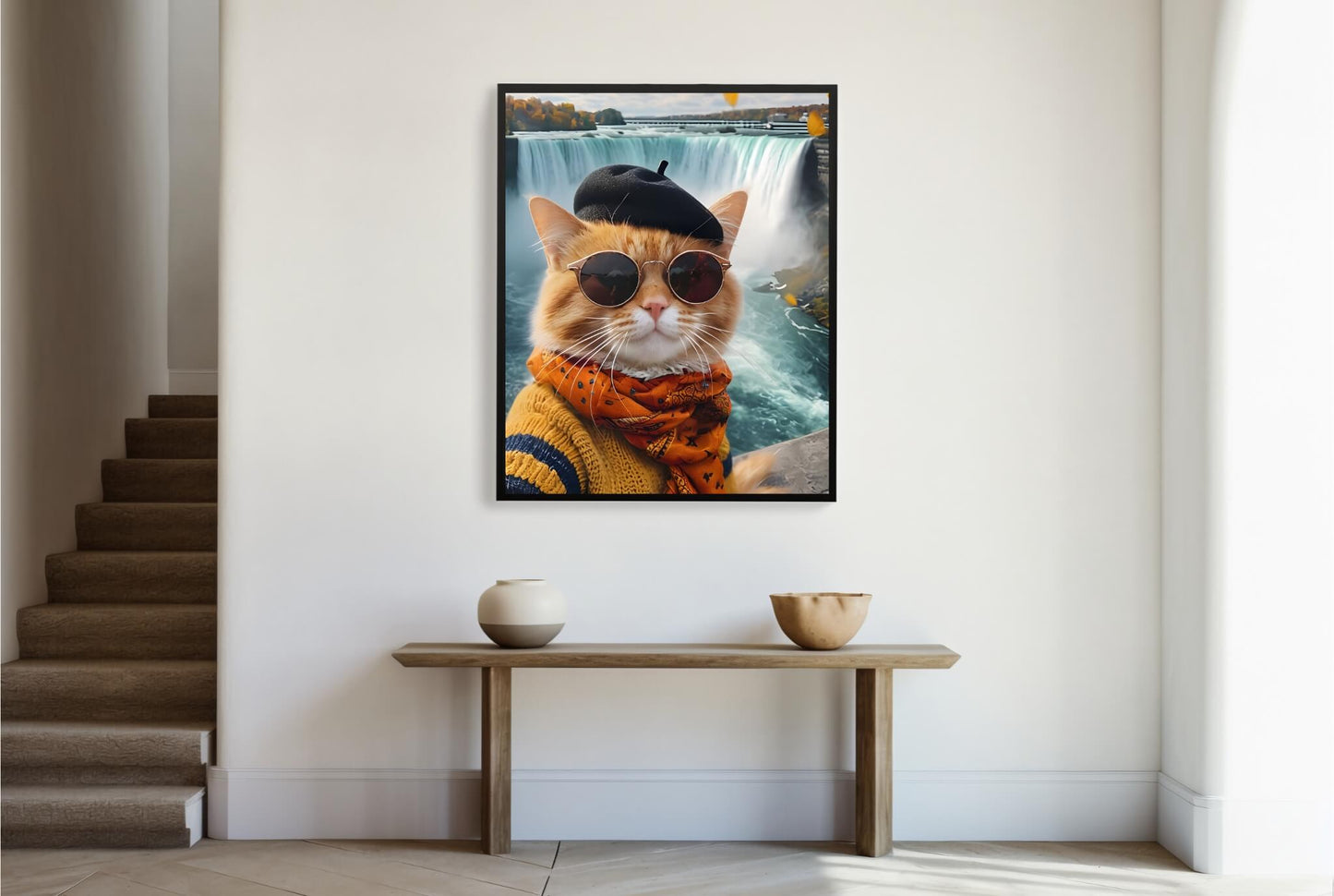The framed Canadian cat print with a view of the frame and included hanging hardware, emphasizing that it's a ready-to-hang product.