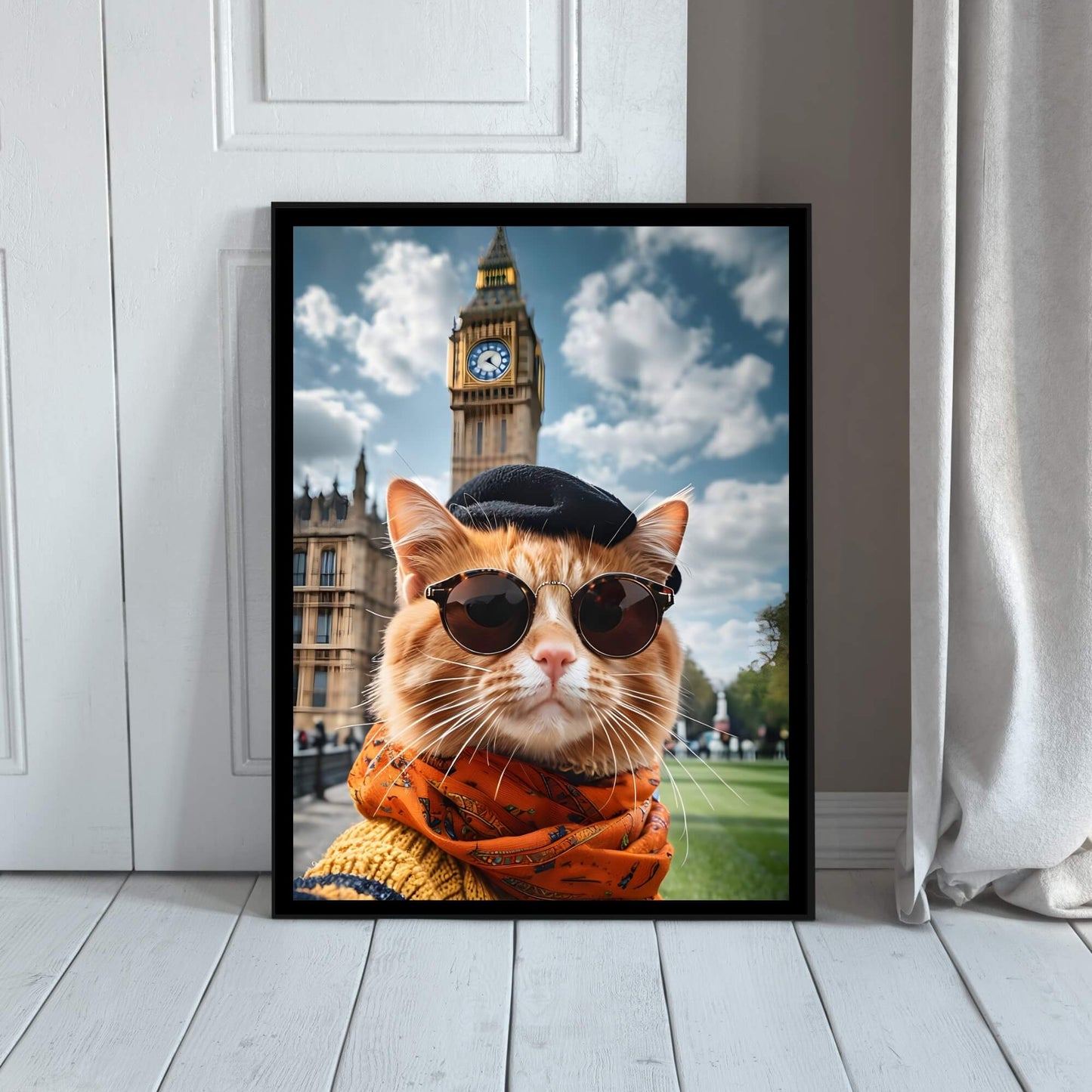 The framed British cat print with a view of the frame and included hanging hardware, emphasizing that it's a ready-to-hang product.