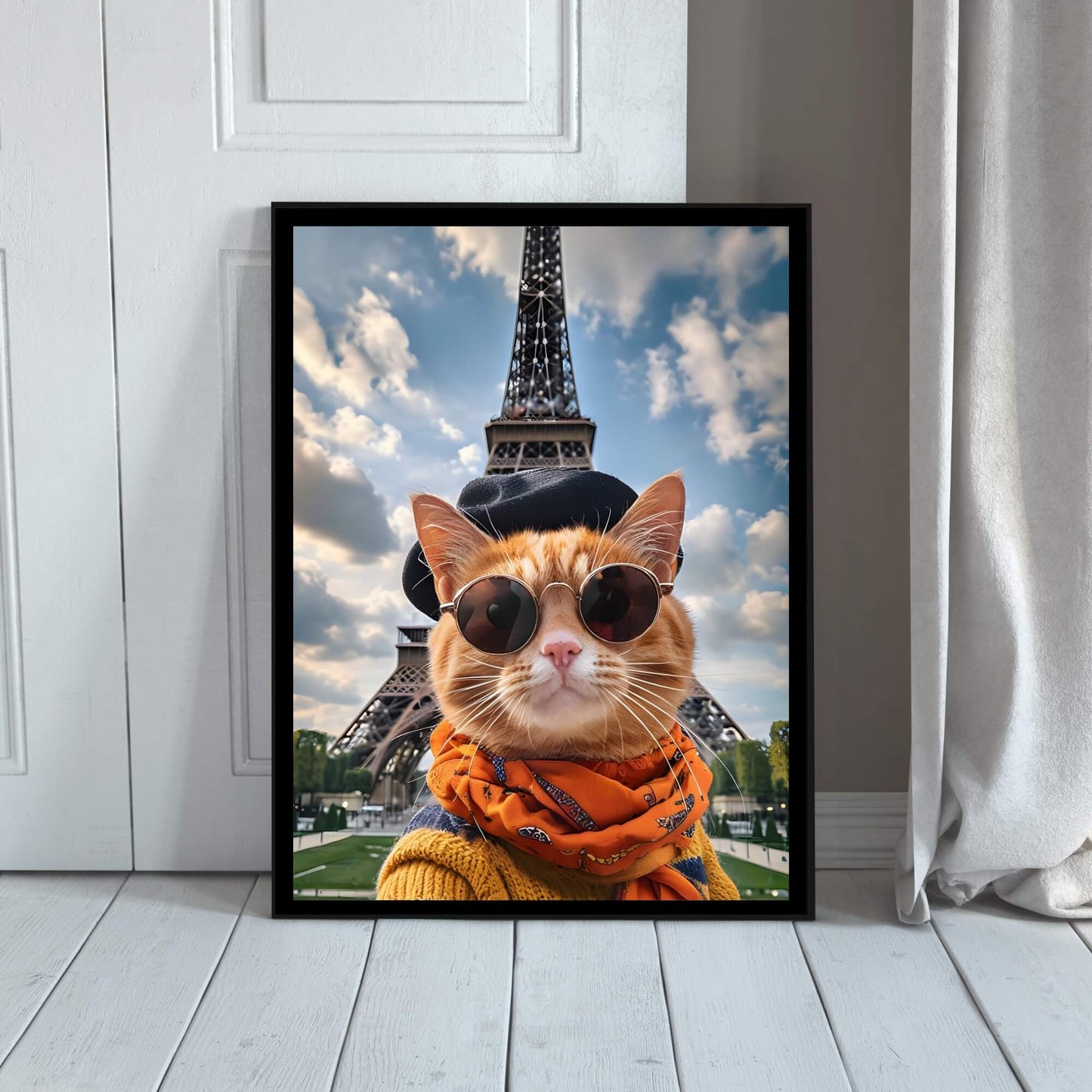 The framed French cat print with a view of the frame and included hanging hardware, emphasizing that it's a ready-to-hang product.