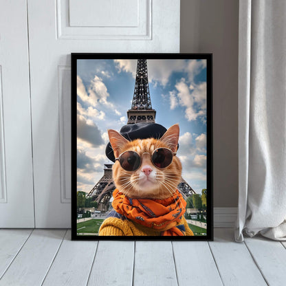The framed French cat print with a view of the frame and included hanging hardware, emphasizing that it's a ready-to-hang product.