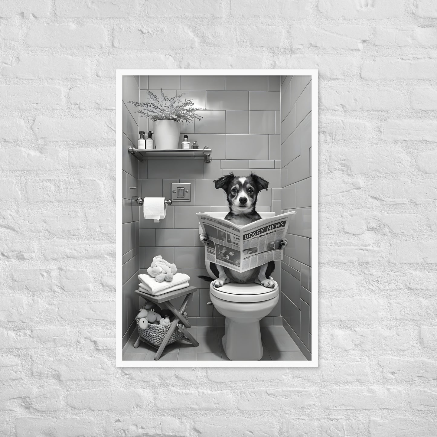 A full view of the framed print, showing the black frame and the ready-to-hang finish of the unique toilet art.