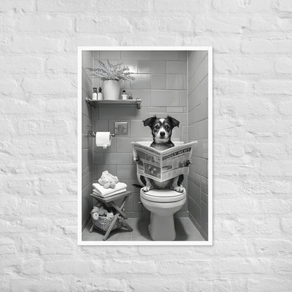 A full view of the framed print, showing the black frame and the ready-to-hang finish of the unique toilet art.