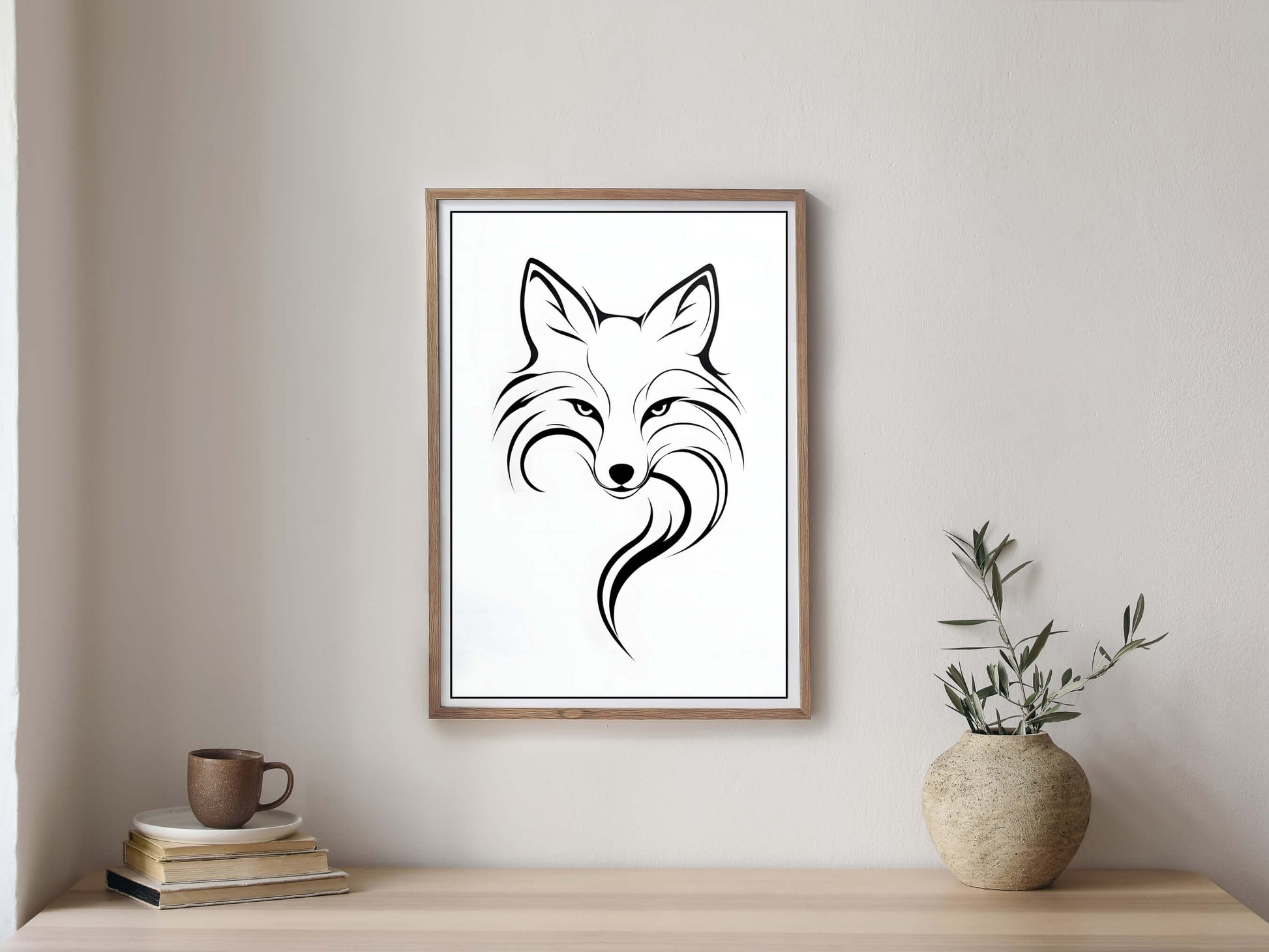 The minimalist fox print with a view of the frame and included hanging hardware, emphasizing that it's a ready-to-hang product.