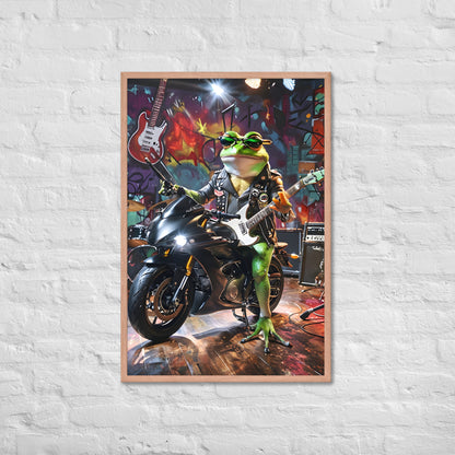 The framed frog art print with a view of the frame and included hanging hardware, emphasizing that it's a ready-to-hang product.