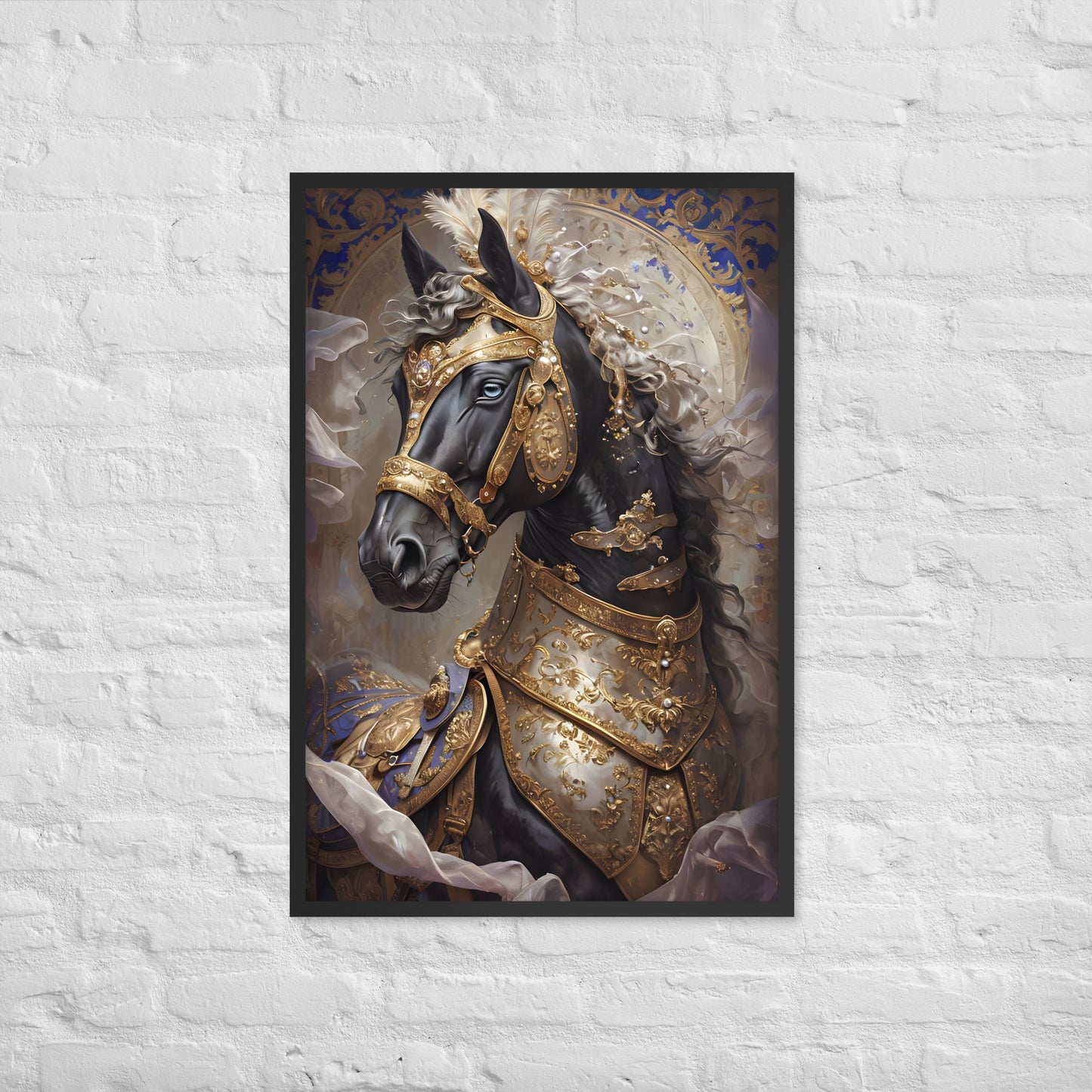 A vibrant and unique framed art print of a regal horse, emphasizing that it's a ready-to-hang product.