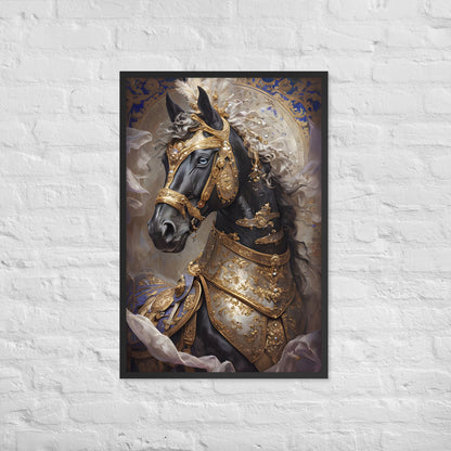 A vibrant and unique framed art print of a regal horse, emphasizing that it's a ready-to-hang product.