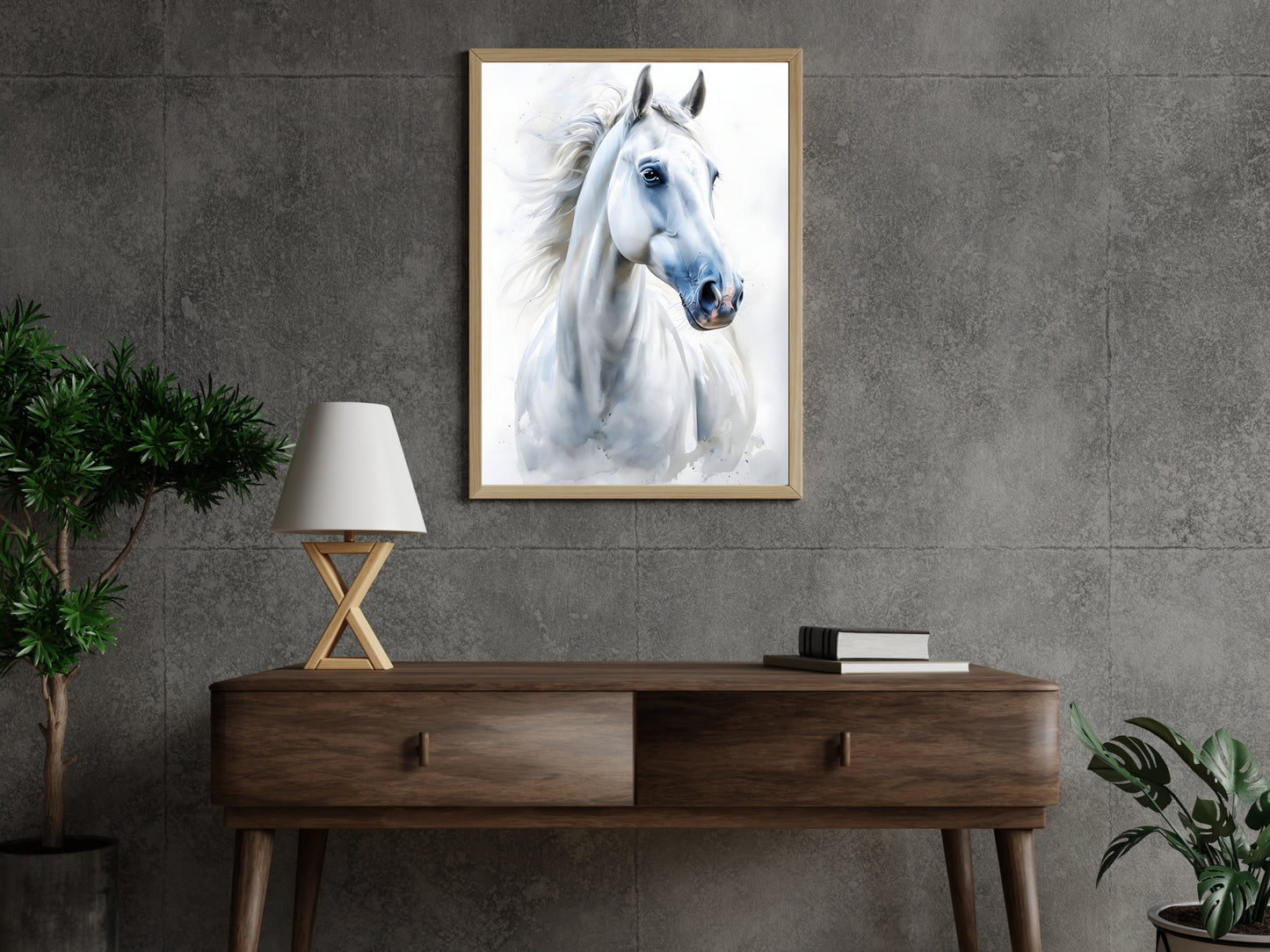  The framed watercolor horse print, showing the included hanging hardware, to emphasize that it's a ready-to-hang piece.
