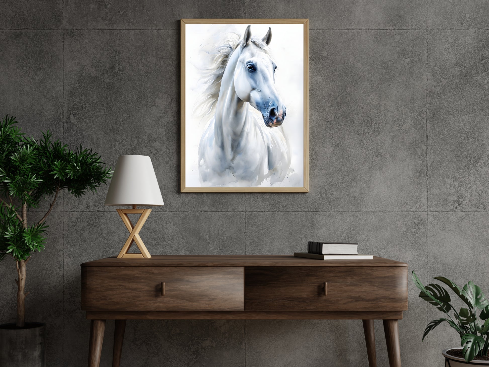 The framed watercolor horse print, showing the included hanging hardware, to emphasize that it's a ready-to-hang piece.