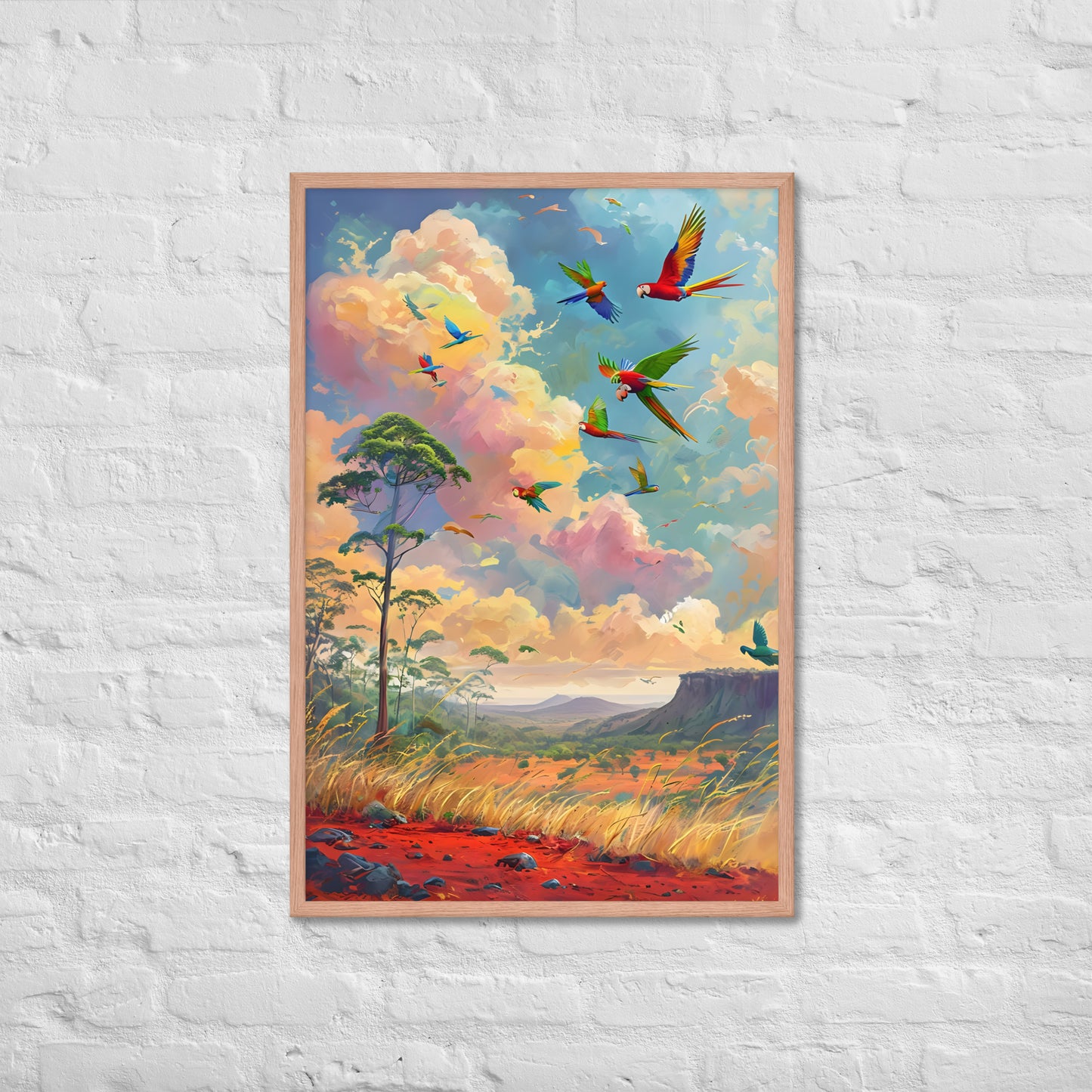 The framed macaw art print with a view of the frame and included hanging hardware, emphasizing that it's a ready-to-hang product.