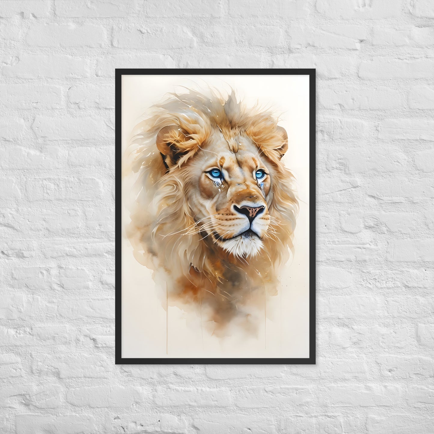 The framed lion print with a view of the frame and included hanging hardware.