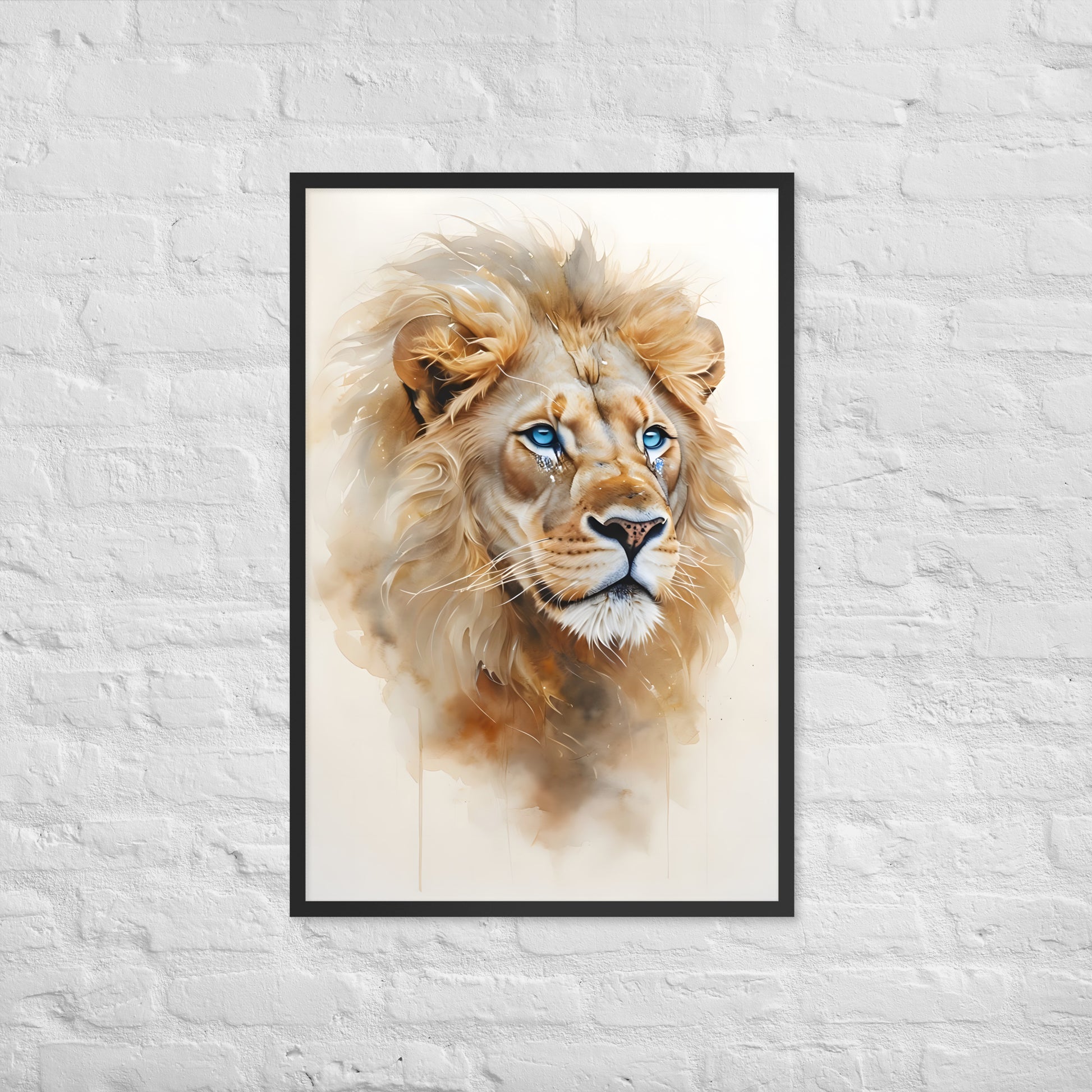 The framed lion print with a view of the frame and included hanging hardware.