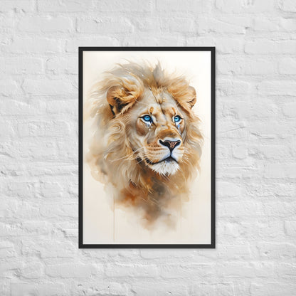 The framed lion print with a view of the frame and included hanging hardware.