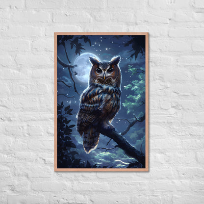 The framed mystical owl print with a view of the frame and included hanging hardware, emphasizing that it's a ready-to-hang product.

