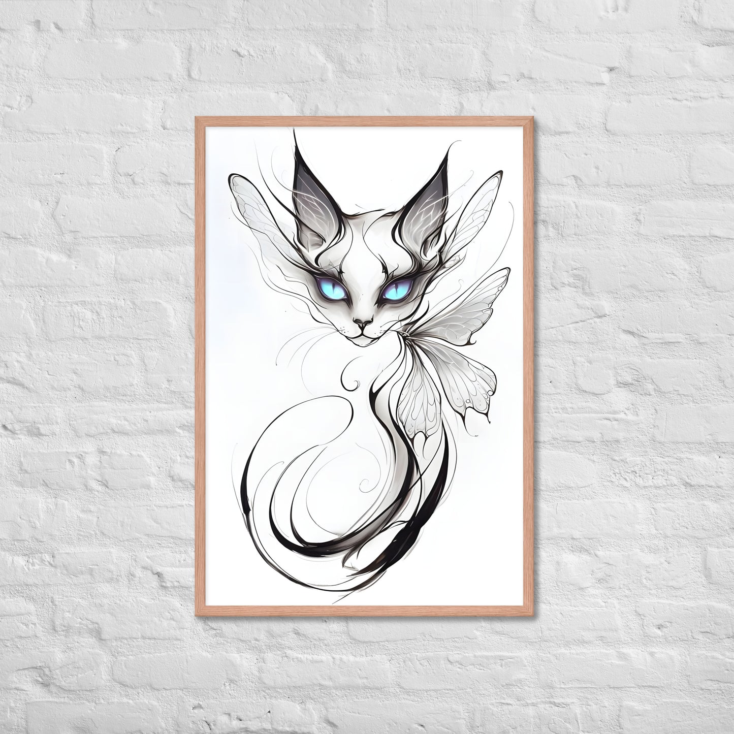 The framed mystical cat print with a view of the frame and included hanging hardware.