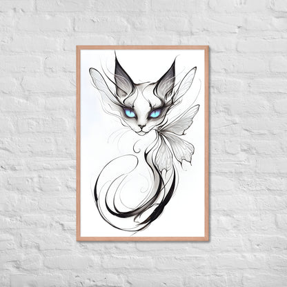 The framed mystical cat print with a view of the frame and included hanging hardware.