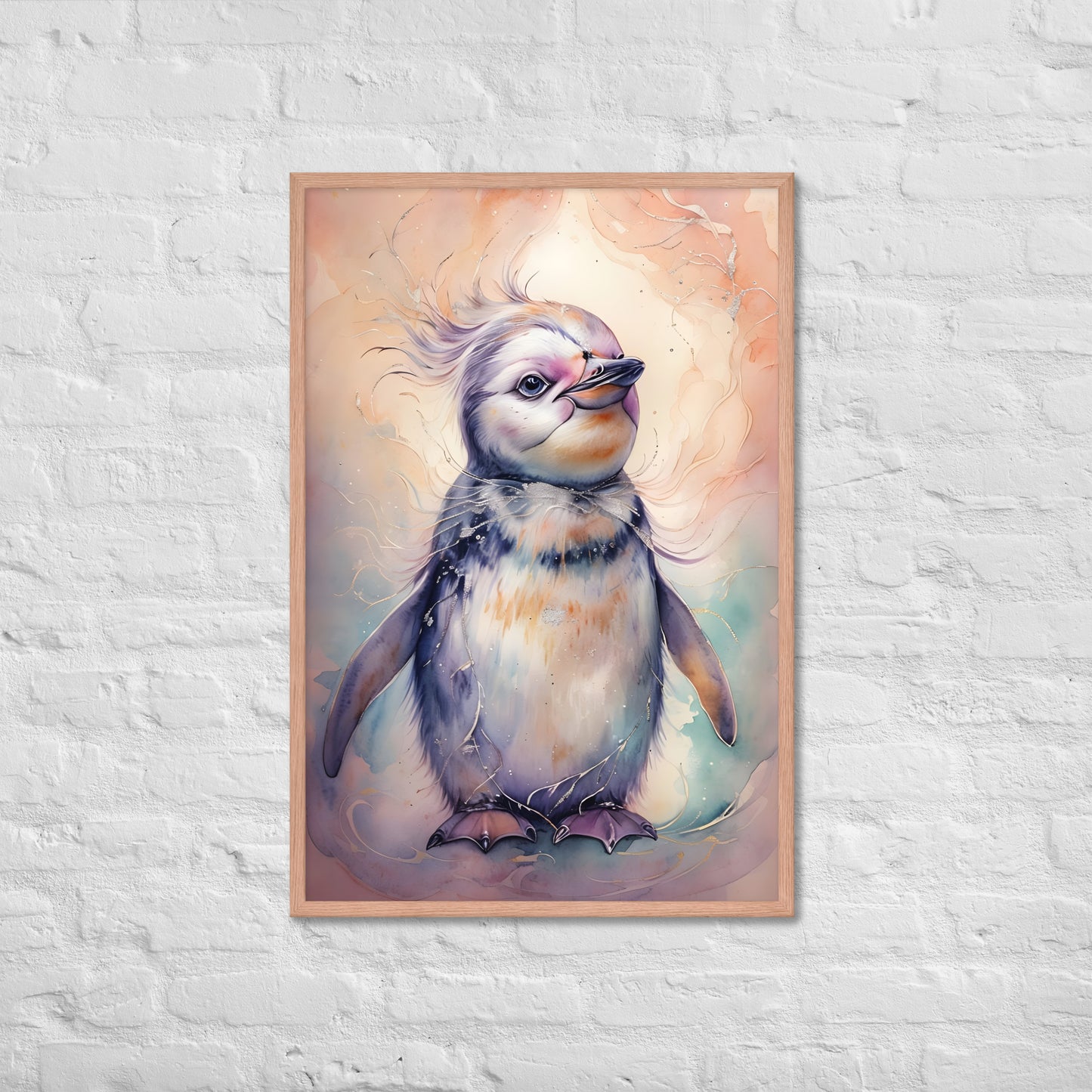 The framed penguin art print with a view of the frame and included hanging hardware, emphasizing that it's a ready-to-hang product.


