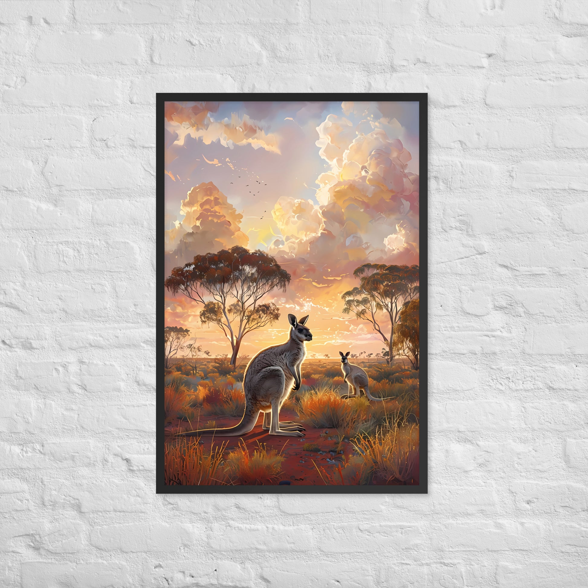 The framed sunset kangaroo print with a view of the frame and included hanging hardware.