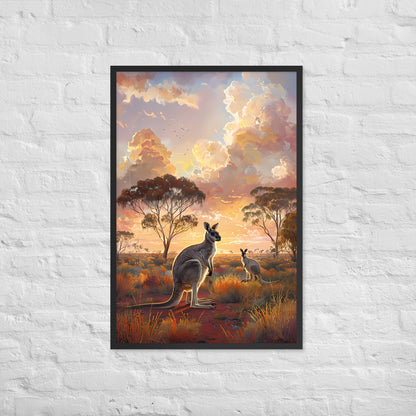 The framed sunset kangaroo print with a view of the frame and included hanging hardware.
